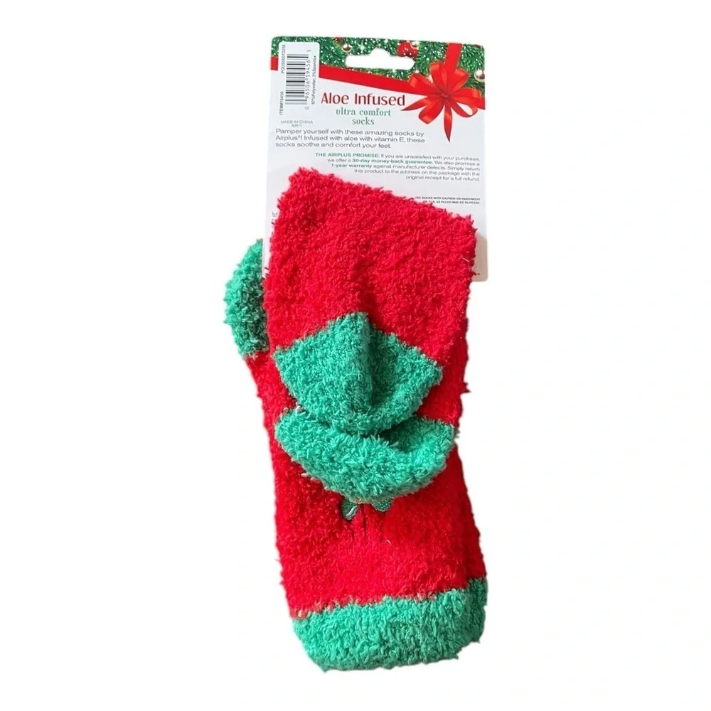 Women's Airplus Aloe Infused Socks Red Christmas Ornament Fuzzy Winter Warm NEW